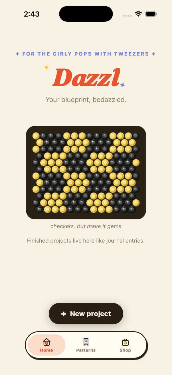Dazzl home screen showing a finished black and gold rhinestone pattern and a New project button