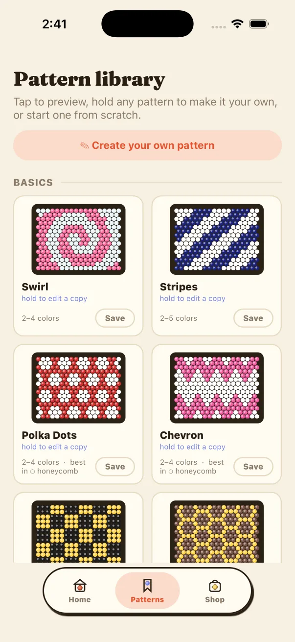 Dazzl pattern library with Swirl, Stripes, Polka Dots, Chevron, and more rhinestone designs