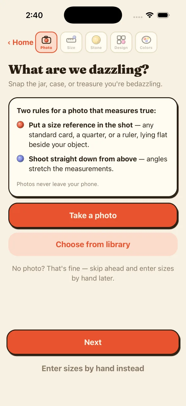 Dazzl project setup screen explaining how to photograph an object with a size reference