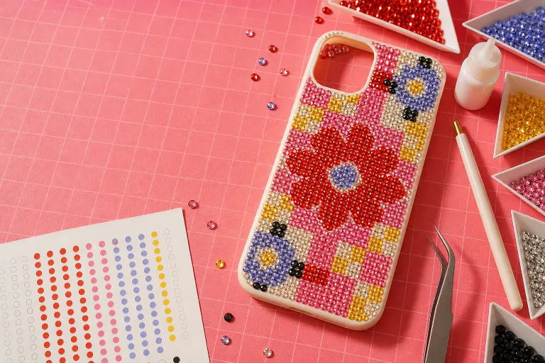 A colorful rhinestone phone case, pattern chart, tweezers, and sorted gems on a pink craft mat